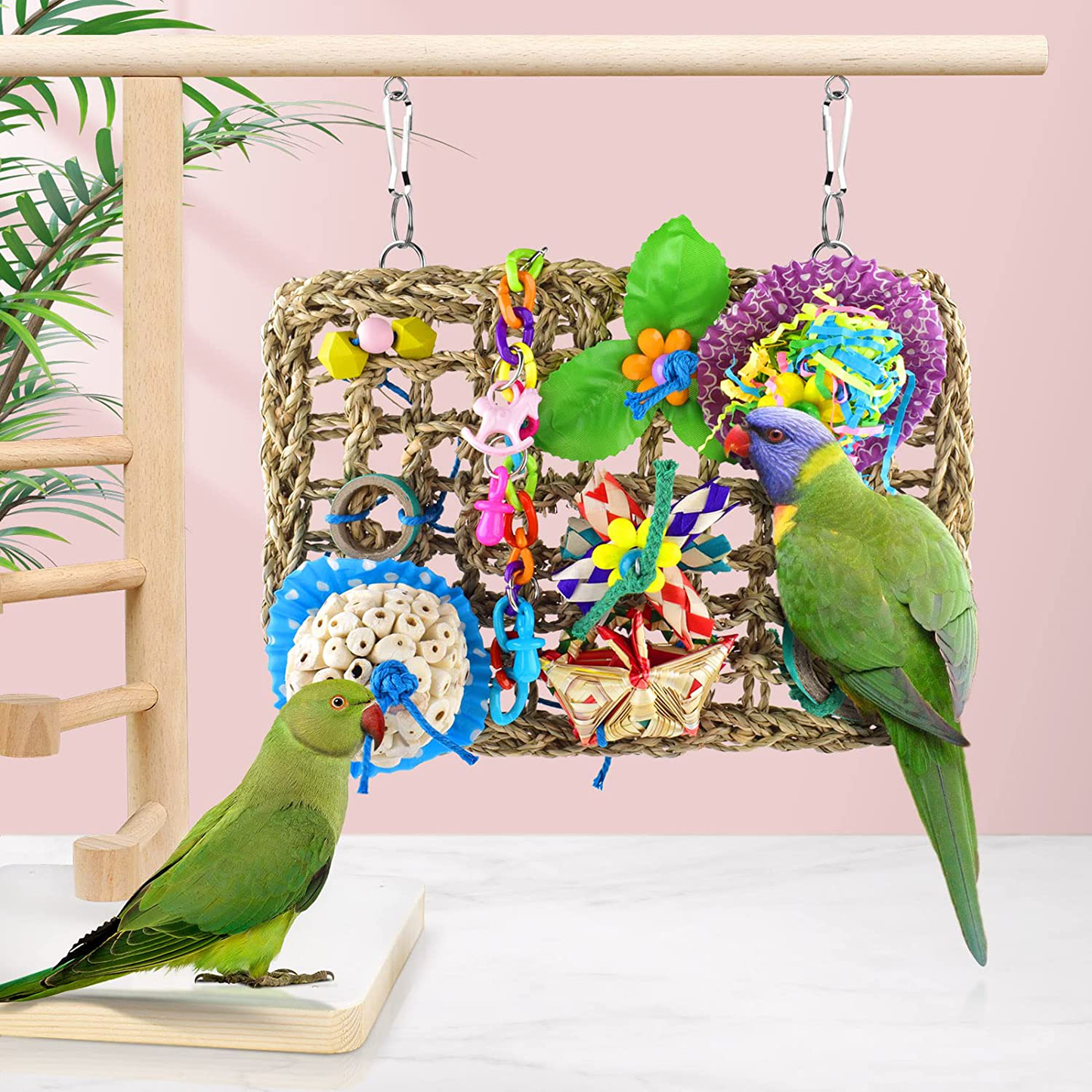 KATUMO Bird Toys, Bird Foraging Wall Toy Edible Seagrass Woven Climbing Hammock Mat with Natural Sola Cake Ball Colorful Chew Toys for Parakeet, Budgerigar, Conure, Cockatiel, Lovebird, Parrots Animals & Pet Supplies > Pet Supplies > Bird Supplies > Bird Toys KATUMO   