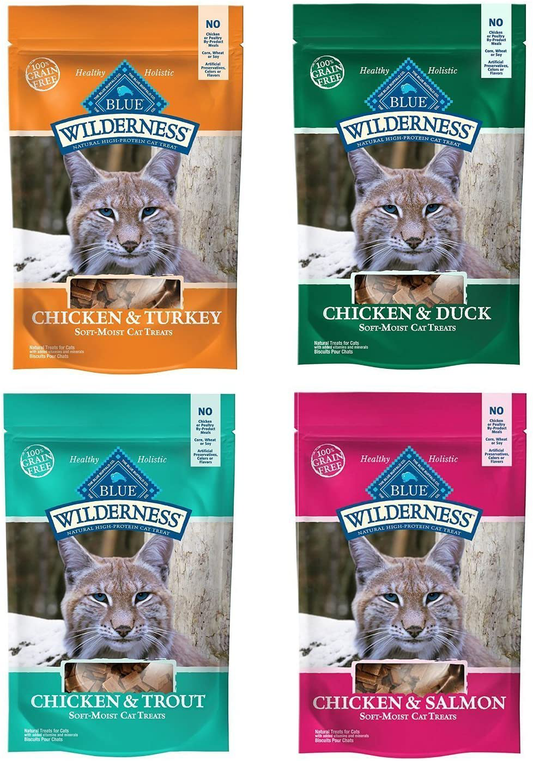 Blue Buffalo Wilderness Soft-Moist Grain-Free Cat Treats Variety Pack - 4 Flavors (Chicken & Duck, Chicken & Trout, Chicken & Salmon, and Chicken & Turkey) - 2 Oz Each (4 Total Pouches)