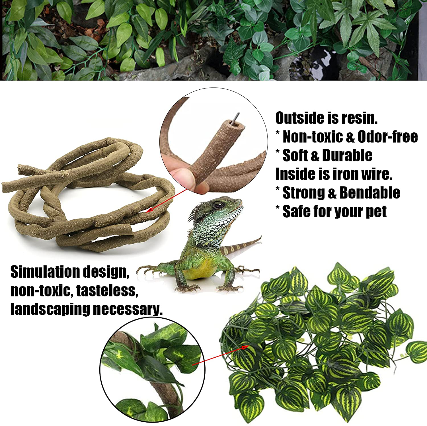 Lizard Bearded Dragon Hammock Set Tank Accessories, Coconut Shell Hut Hideout Cave Natural Seagrass Jungle Climber, Flexible Bend-A Branch Jungle Climbing Vines for Geckos and More Reptiles Perched