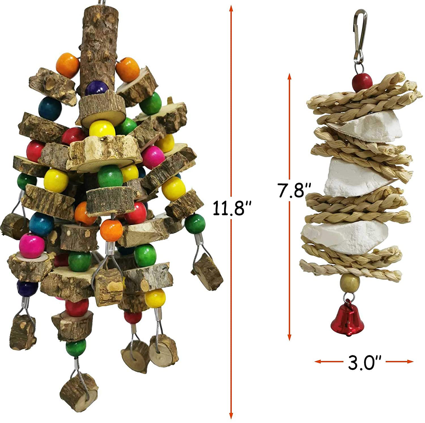 Kathson Natural Parrot Chewing Toys Wood Bird Toy Hanging Parakeet Hammock Cage Accessories Cuttlebone Beak Grinding for Parrots Cockatoos African Grey Cockatiels Conure Eclectus Budgies 2PCS