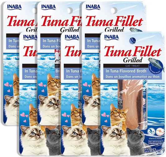 INABA Natural, Premium Hand-Cut Grilled Tuna Fillet Cat Treats/Topper/Complement with Vitamin E and Green Tea Extract, 0.52 Ounces Each, Pack of 6, Tuna Broth