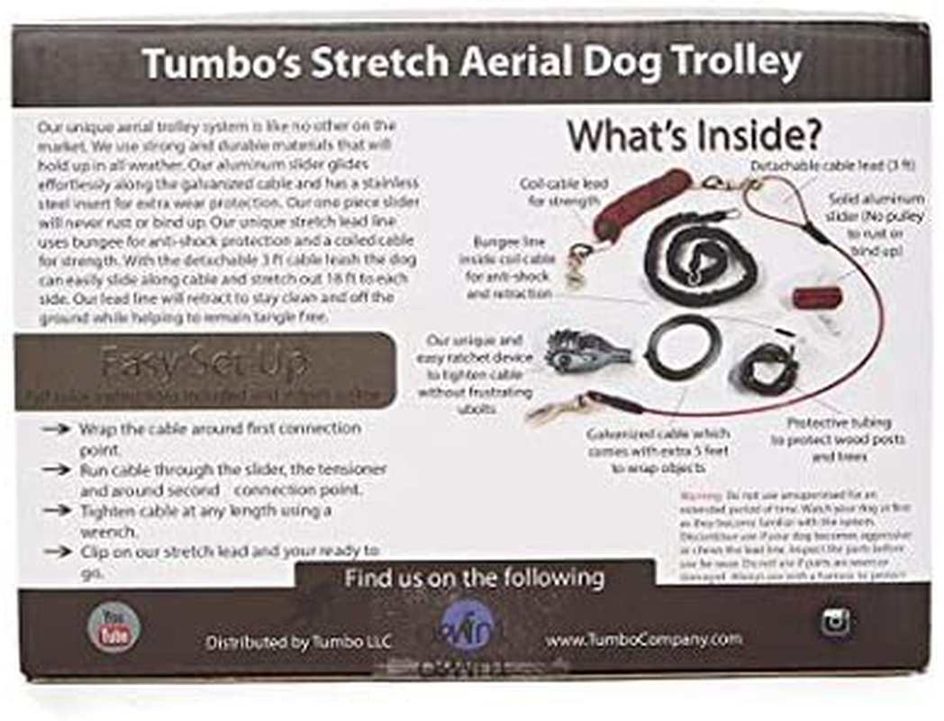 Tumbo Trolley Dog Containment System - Stretching Coil Cable with Anti-Shock Bungee (Safer and Less Tangles) Aerial Dog Tie Out