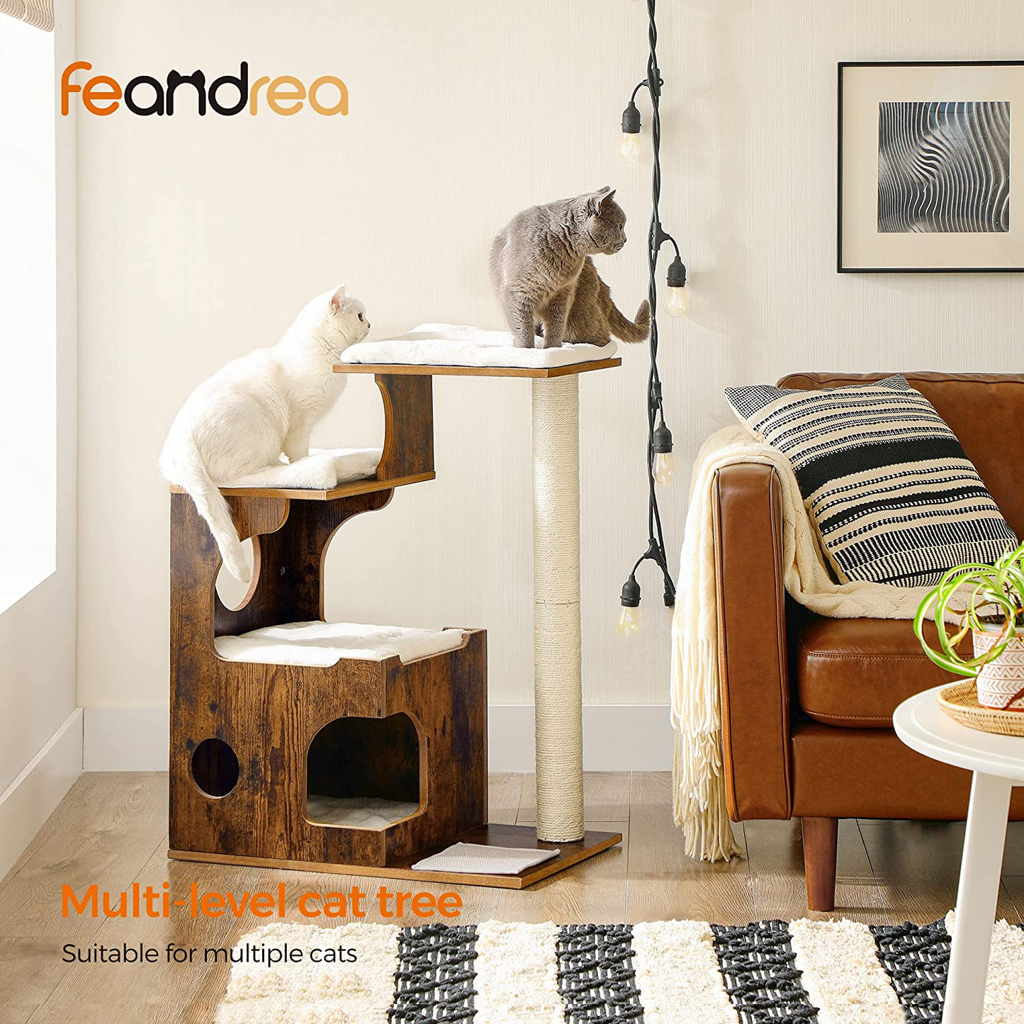 FEANDREA 33.9-Inch Cat Tower, Medium Cat Tree with 3 Beds and Cave, Cat Condo Made of MDF with Wood Veneer, Sisal Post and Washable Faux Fur, Vintage, Rustic Brown and White UPCT70HW Animals & Pet Supplies > Pet Supplies > Cat Supplies > Cat Furniture FEANDREA   