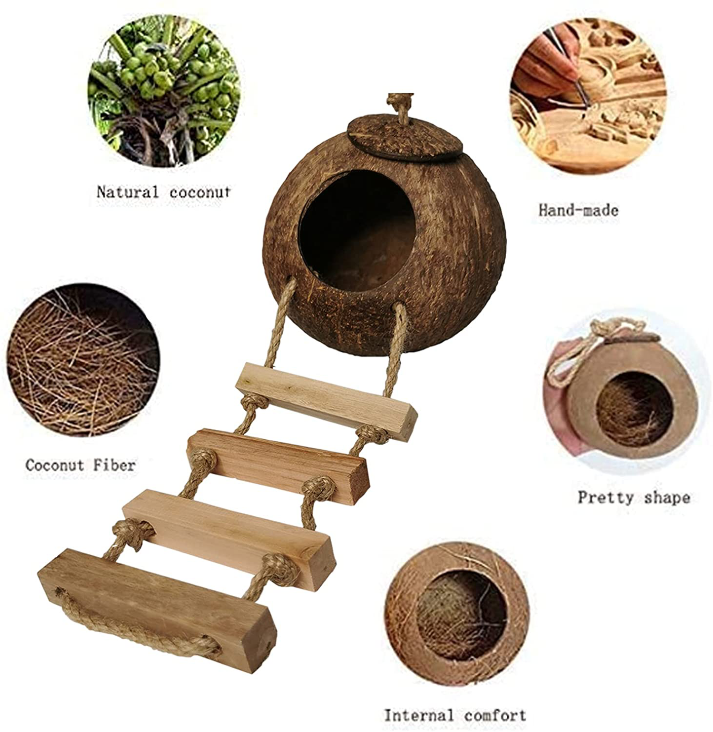 Tfwadmx Coconut Hide with Ladder, Natural Coconut Fiber Hanging Birdhouse Cage, Coconut Bird Shell Breeding Nest for Parrot Parakeet Lovebird Finch Canary (2 Pcs) Animals & Pet Supplies > Pet Supplies > Bird Supplies > Bird Cage Accessories Tfwadmx   