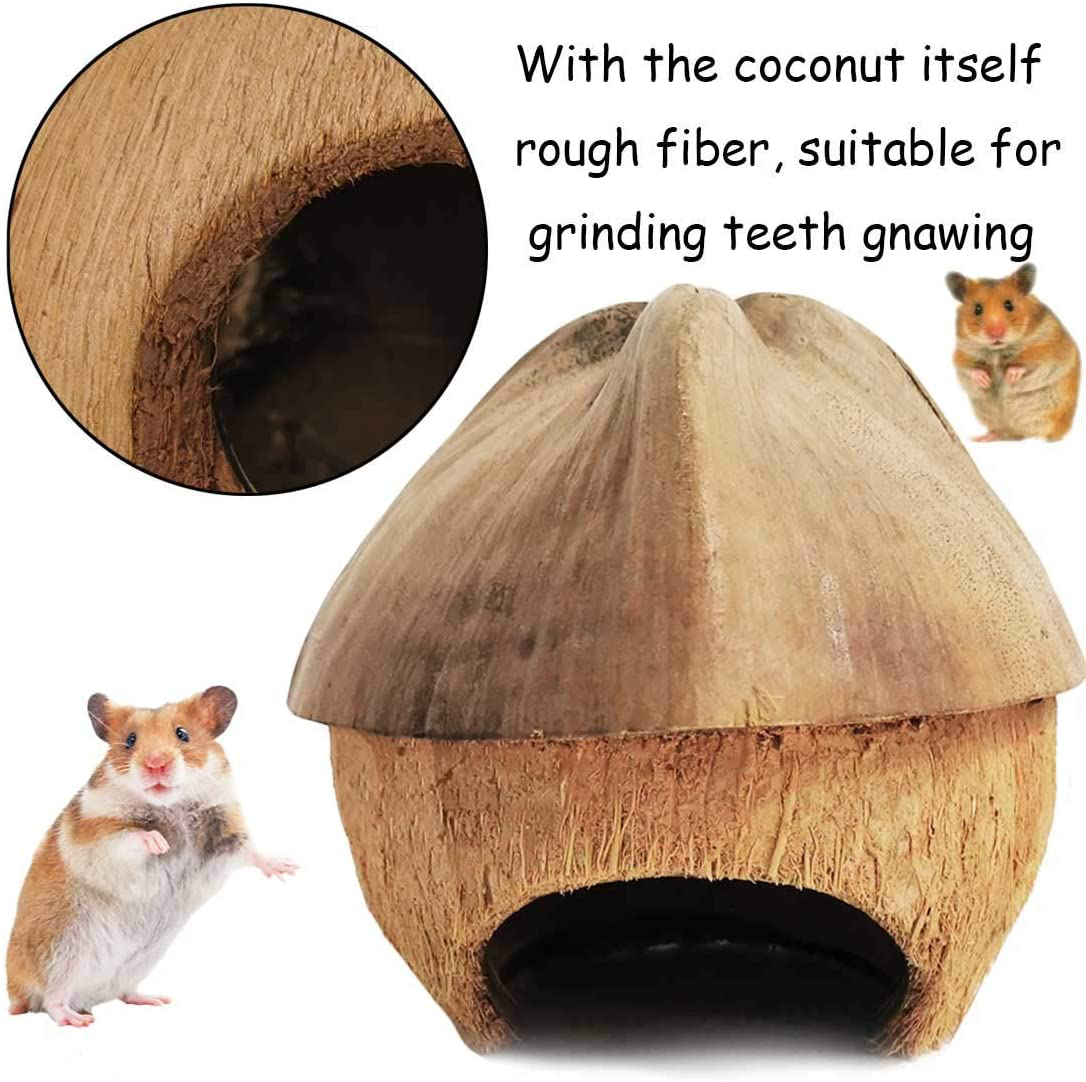PINVNBY Natural Coconut Hut Hamster Hiding House Pet Cave Small Animal Cage  Habitat Decor Hanging Guinea Pig Toys with Ladder for Gerbils Mice Rats