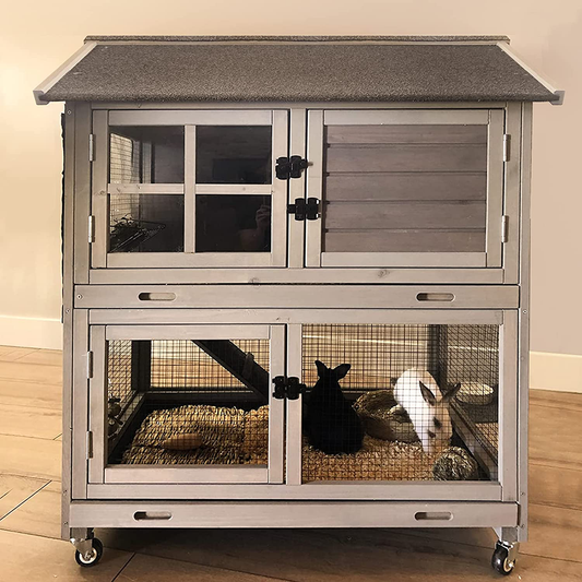 Rabbit Hutch Indoor Rabbit Cage for Small Animals Outdoor Bunny Cage with Movable Wire Netting, Guinea Pig Habitat on Wheels,Pull Out Leak Proof Tray (Grey+Camel) Animals & Pet Supplies > Pet Supplies > Small Animal Supplies > Small Animal Habitats & Cages GUTINNEEN   