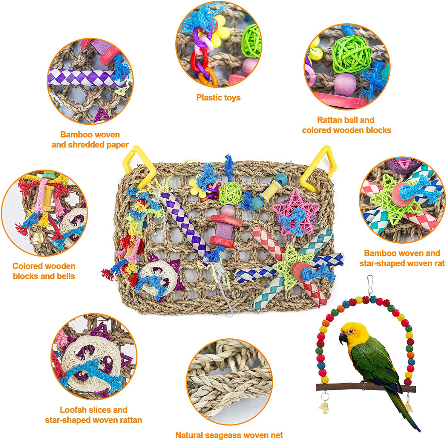 MHHOL Bird Parakeet Toys, Bird Foraging Wall Toy, Bird Perches Swing, Edible Seagrass Woven Climbing Hammock Mat with Chewing Toys, Bird Shredder Toys, for Parrots, Conures, Cockatiels, Budgies Animals & Pet Supplies > Pet Supplies > Bird Supplies > Bird Ladders & Perches MHHOL   