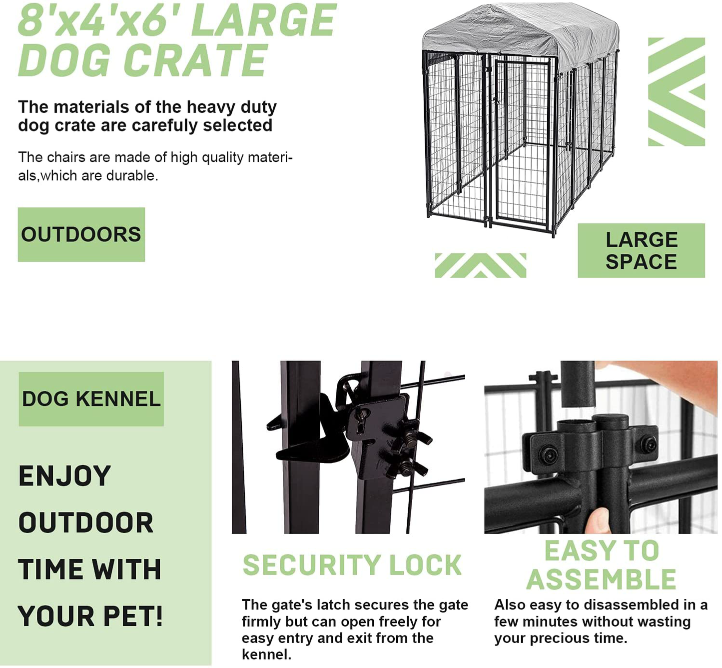 Heavy Duty Dog Crate Cage Kennel,Large Outdoor Dog Yard Kennel Pet Playpen House,Wire Metal Pet Cage Fence Play Pen Crates W/ UV Protection Waterproof Shade Cover & Roof & Secure Lock