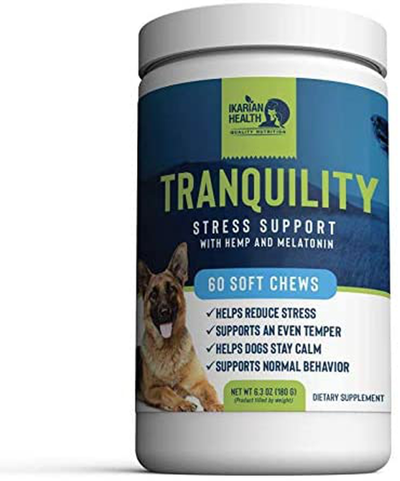 Ikarian Health - Tranquility Calming Aid for Dogs - Hemp, Melatonin, Chamomile, Passion Flower - Composure Anxiety and Stress Support for Travel, Fireworks, Separation or Storms - 60 Soft Chew Treats Animals & Pet Supplies > Pet Supplies > Small Animal Supplies > Small Animal Treats Ikarian Health   