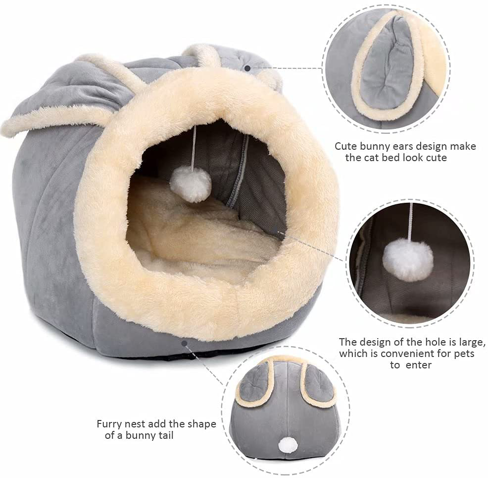 Cat Beds for Indoor Cats - Small Dog Bed with Anti-Slip Bottom, Rabbit-Shaped Cat/Small Dog Cave with Hanging Toy, Puppy Bed with Removable Cotton Pad, Super Soft Calming Pet Sofa Bed (Grey Large) Animals & Pet Supplies > Pet Supplies > Cat Supplies > Cat Furniture Garlifden   