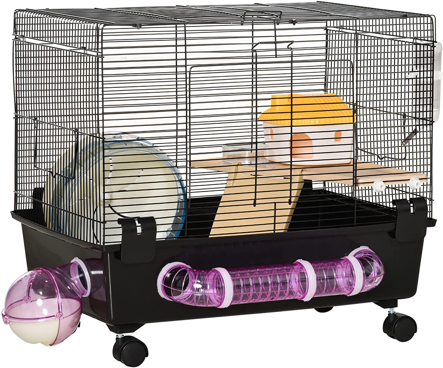 Pawhut Multi-Tier Hamster Cage, Small Animal Habitat for Hamsters and Gerbils, Mesh Wire Ventilated Enclosure with Exercise Wheel, Water Bottle, and Food Dishes