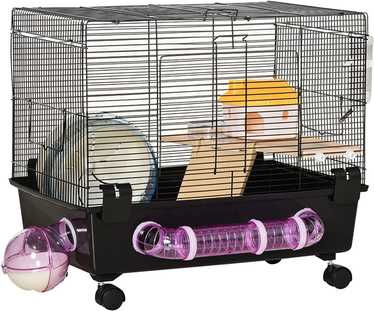 Pawhut Multi-Tier Hamster Cage, Small Animal Habitat for Hamsters and Gerbils, Mesh Wire Ventilated Enclosure with Exercise Wheel, Water Bottle, and Food Dishes Animals & Pet Supplies > Pet Supplies > Small Animal Supplies > Small Animal Habitats & Cages PawHut   