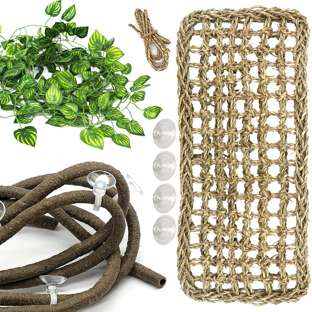 Lizard Bearded Dragon Hammock Set, Natural Grass Fibers Pet Recliner, Flexible Bend-A Branch Jungle Climbing Vines for Geckos, Iguanas and Hermit Crabs, Snakes and More Reptiles Perched Animals & Pet Supplies > Pet Supplies > Reptile & Amphibian Supplies > Reptile & Amphibian Habitat Accessories PETUOL   