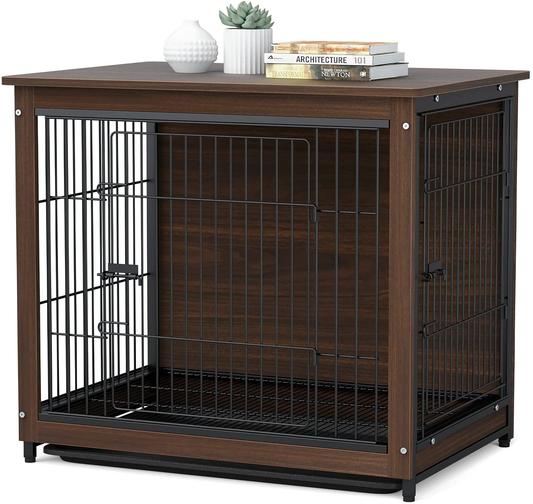 Bingopaw End Table Dog Crate with Double Door,Wooden Pet Kennel with Floor Tray, Top Detachable, Indoor Dog House for Small Medium Dogs Animals & Pet Supplies > Pet Supplies > Dog Supplies > Dog Houses BingoPaw Natural Style 32"x23"x28" 
