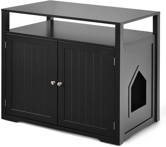 Tangkula Cat Litter Box Enclosure, Hidden Cat Washroom with Adjustable Interior Divider, Wooden Indoor Decorative Cat House Side Table with Doors & Large Tabletop, Litter Box Furniture Hidden for Cat Animals & Pet Supplies > Pet Supplies > Cat Supplies > Cat Furniture Tangkula Black  