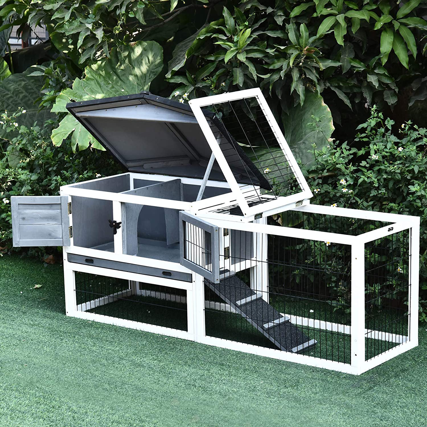 Pawhut Fir Wood Rabbit Hutch with 2 Story Design, Bunny Cage Run with Patio, Asphalt Roof and Pull Out Tray, Grey Animals & Pet Supplies > Pet Supplies > Small Animal Supplies > Small Animal Habitats & Cages PawHut   