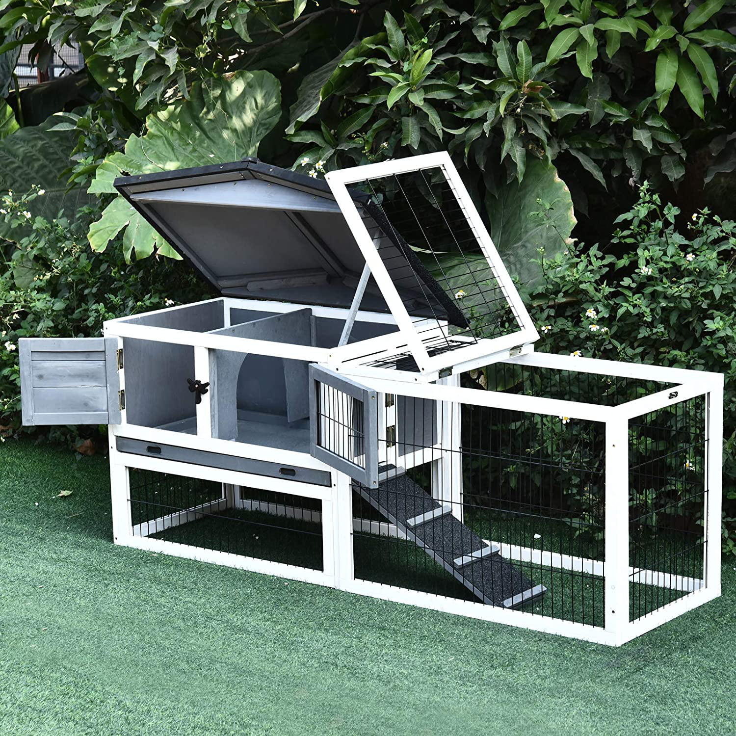 Pawhut Fir Wood Rabbit Hutch with 2 Story Design, Bunny Cage Run with Patio, Asphalt Roof and Pull Out Tray, Grey Animals & Pet Supplies > Pet Supplies > Small Animal Supplies > Small Animal Habitats & Cages PawHut   