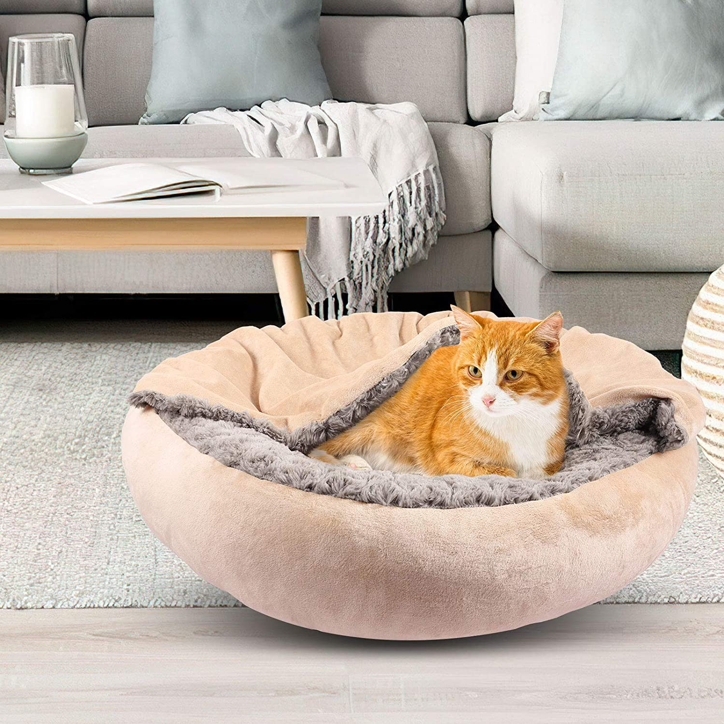 GASUR Cozy Cuddler Small Dog and Cat Bed, round Donut Calming Anti-Anxiety Cave Hooded Blanket Pet Bed, Luxury Orthopedic Cushion Beds for Indoor Kitty or Puppy, Warmth and Machine Washable 23 Inch