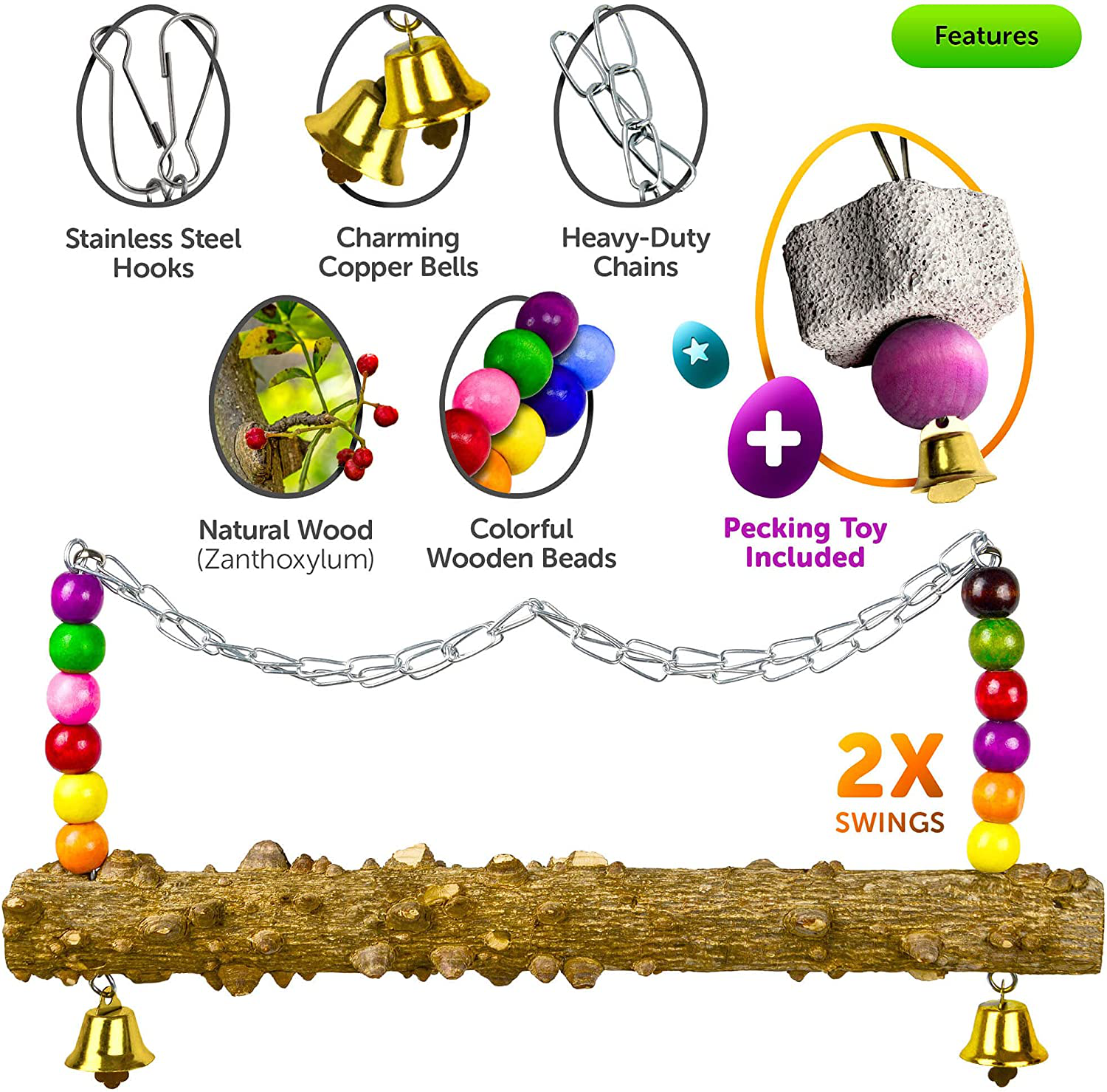 MASANI Chicken Coop Swing - 2 Pack Natural Wood - Stainless Steel Hooks - Steady Heavy-Duty Chains - Small Charming Copper Bells - Supports up to 20Lbs - Complete with Peck Bird Toy Animals & Pet Supplies > Pet Supplies > Bird Supplies > Bird Toys MASANI   