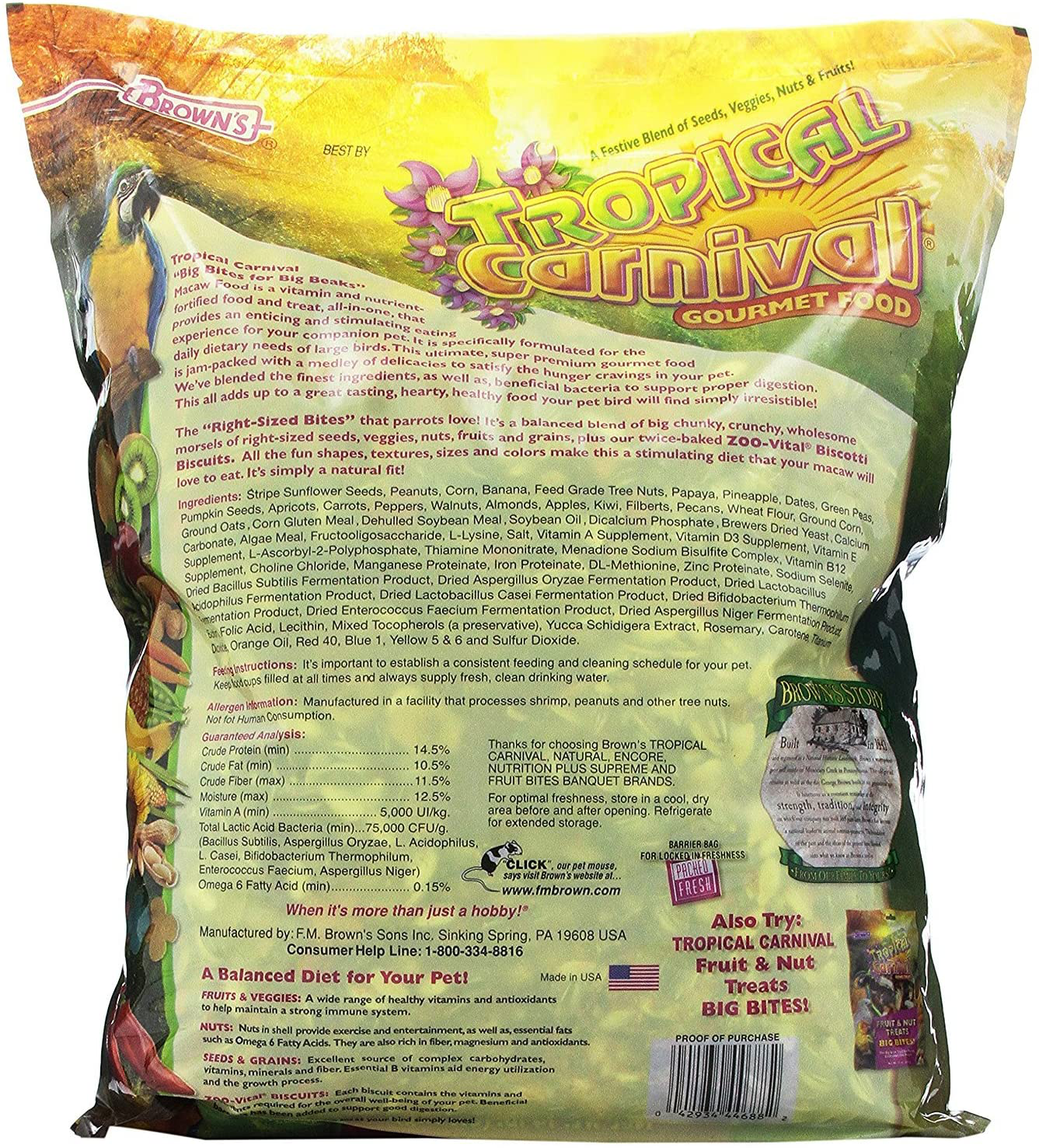 Tropical Carnival F.M. Brown'S, Gourmet Macaw Food Big Bites for Big Beaks - Seeds, Veggies, Fruits, and Nuts with Probiotics Animals & Pet Supplies > Pet Supplies > Bird Supplies > Bird Food Fm Browns   