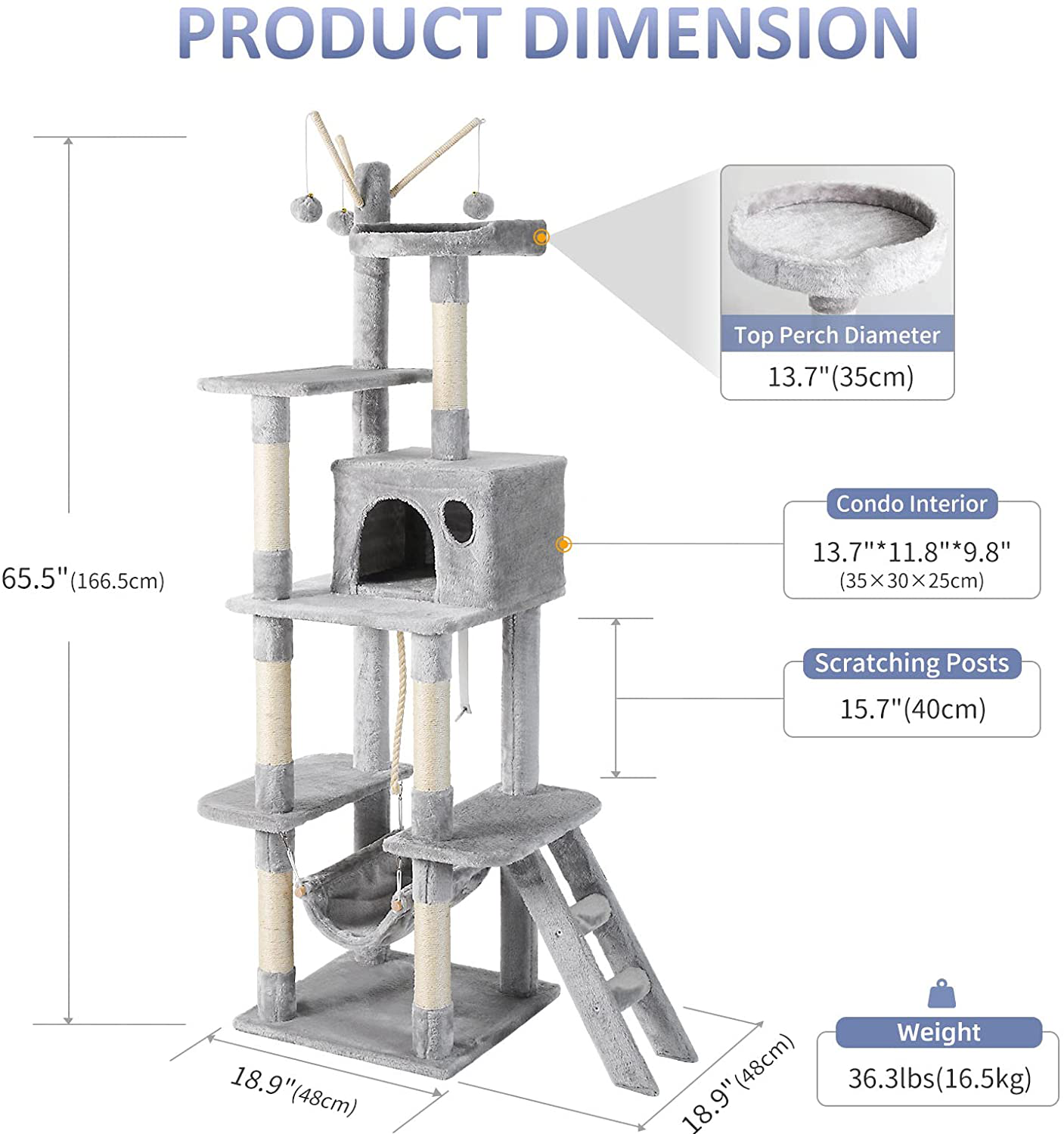 JOYO Cat Tree for Indoor Cats, 65.5 Inches Multi-Level Cat Tower Cat Tree with Hammock, Scratching Posts, Top Perch, Ladder, Cat Activity Tree Cat Condo with Toys, Cat Climbing Tower for Kitten Play Animals & Pet Supplies > Pet Supplies > Cat Supplies > Cat Furniture JOYO   