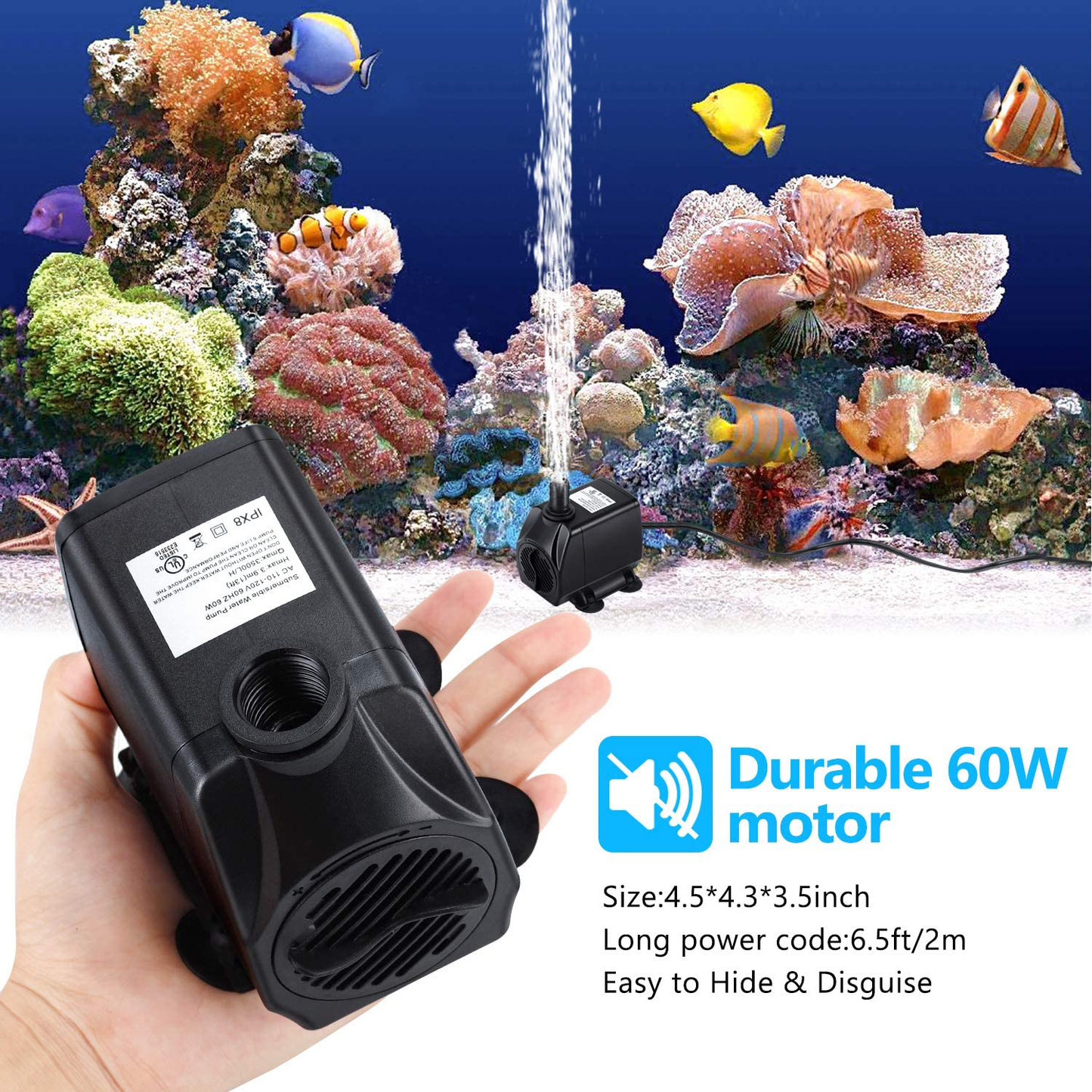 CWKJ Fountain Pump, 880GPH Submersible Water Pump, Durable 60W Outdoor Fountain Water Pump with 6.5Ft Tubing (ID X 1/2-Inch), 3 Nozzles for Aquarium, Pond, Fish Tank, Water Pump Hydroponics, Fountain Animals & Pet Supplies > Pet Supplies > Fish Supplies > Aquarium & Pond Tubing CWKJTOP   
