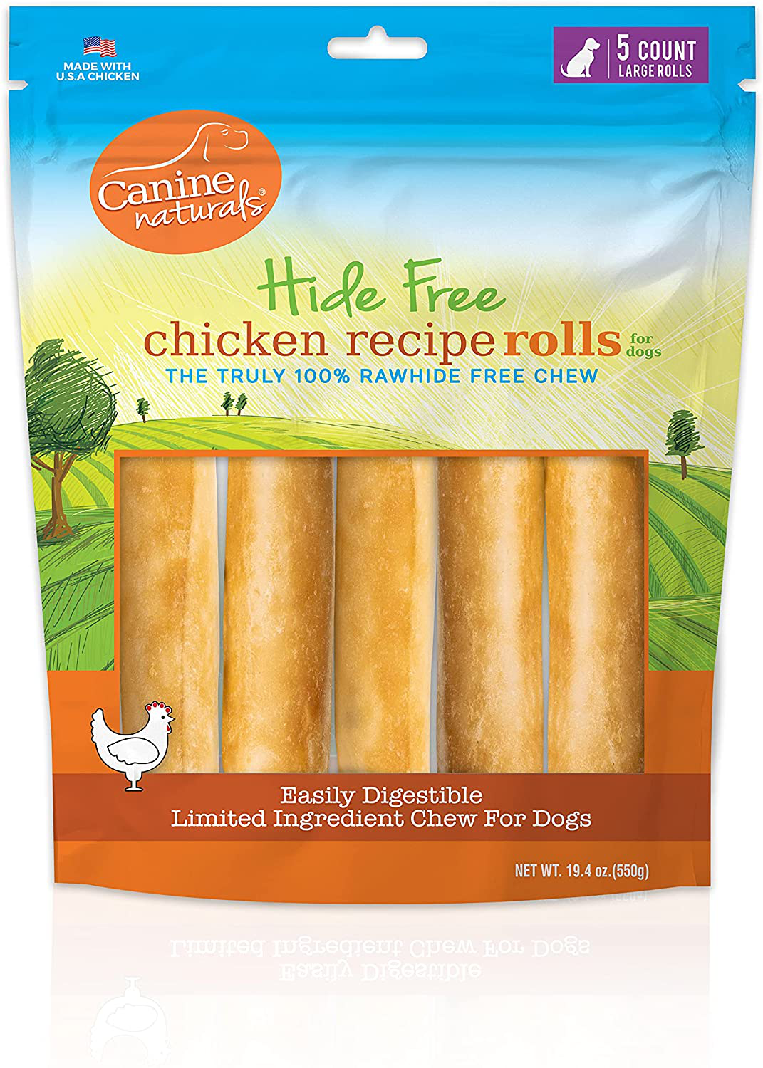 Canine Naturals Chicken Recipe Chew - 100% Rawhide Free and Collagen Free Dog Treats - Made from USA Raised Chicken - All-Natural and Easily Digestible Animals & Pet Supplies > Pet Supplies > Dog Supplies > Dog Treats Canine Naturals 7" Large Roll - 5 Pack  