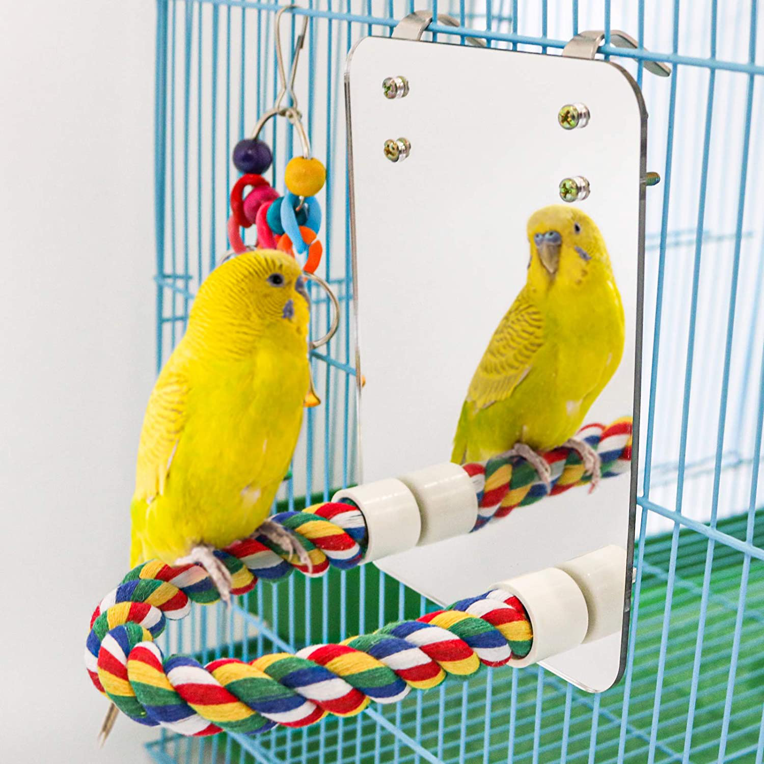 Suruikei 7 Inch Bird Mirror with Rope Perch Cockatiel Mirror Parrot Swing Toys Parrot Cage Toys for Parakeet Cockatoo Cockatiel Conure Lovebirds Finch Canaries