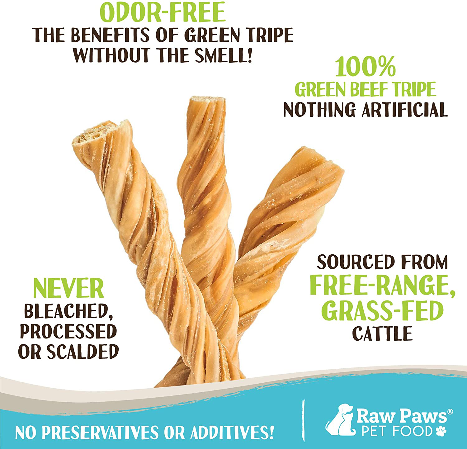 Raw Paws Premium 5" Green Beef Tripe Twists for Dogs - Packed in USA - Grass-Fed, Free-Range Green Tripe Sticks for Dogs - Odor-Free, Crunchy Tripe Dog Treats - All-Natural Tripe Sticks Chews