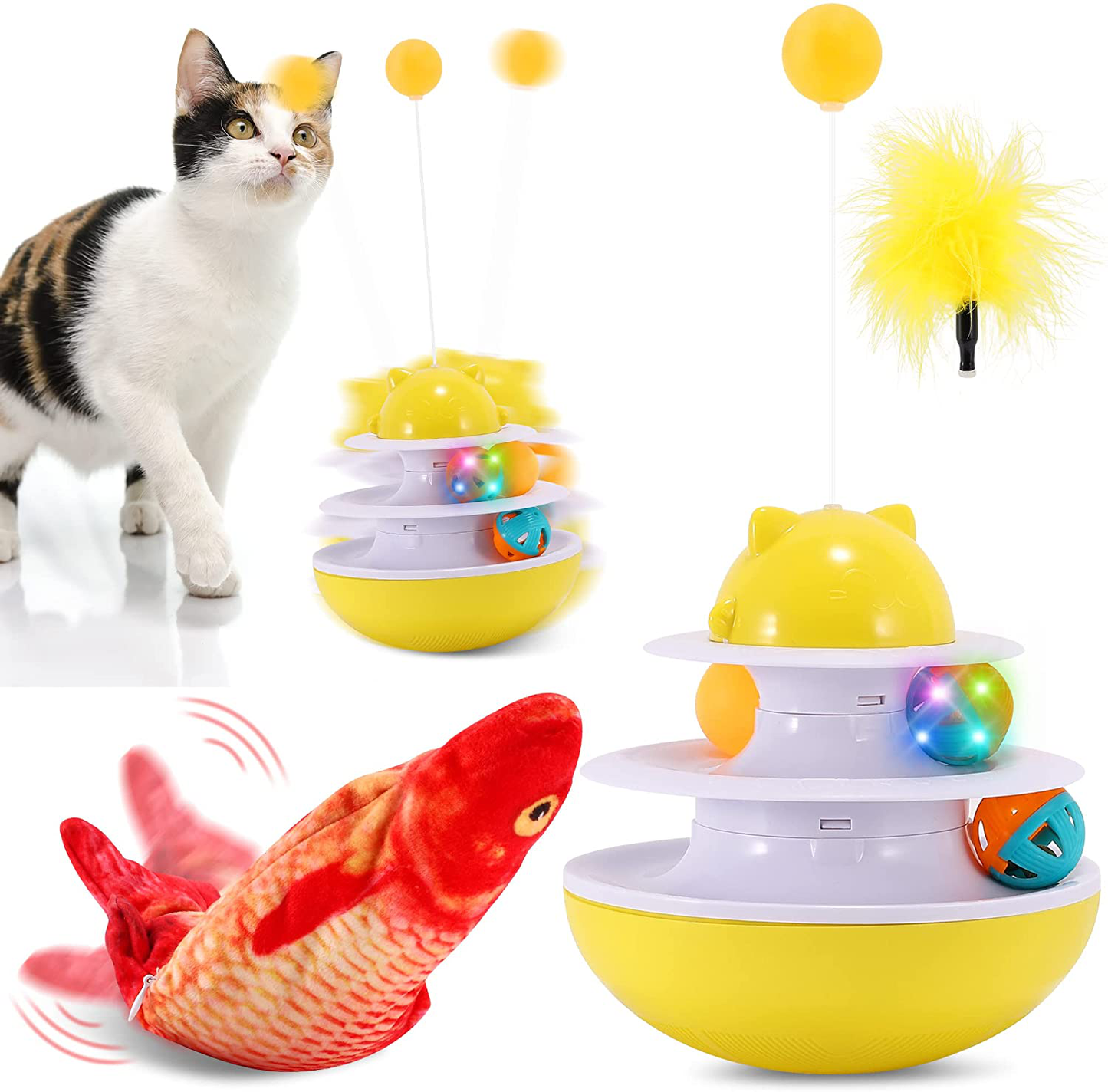 Figoal Cat Toy Roller with Interactive Moving Fish Toy, Tumbler Double Track Rotating with 3 Rolling Balls for Kitten Fun Mental Physical Exercise Puzzle Toys Gift for Christmas Animals & Pet Supplies > Pet Supplies > Cat Supplies > Cat Toys F FiGoal Yellow  