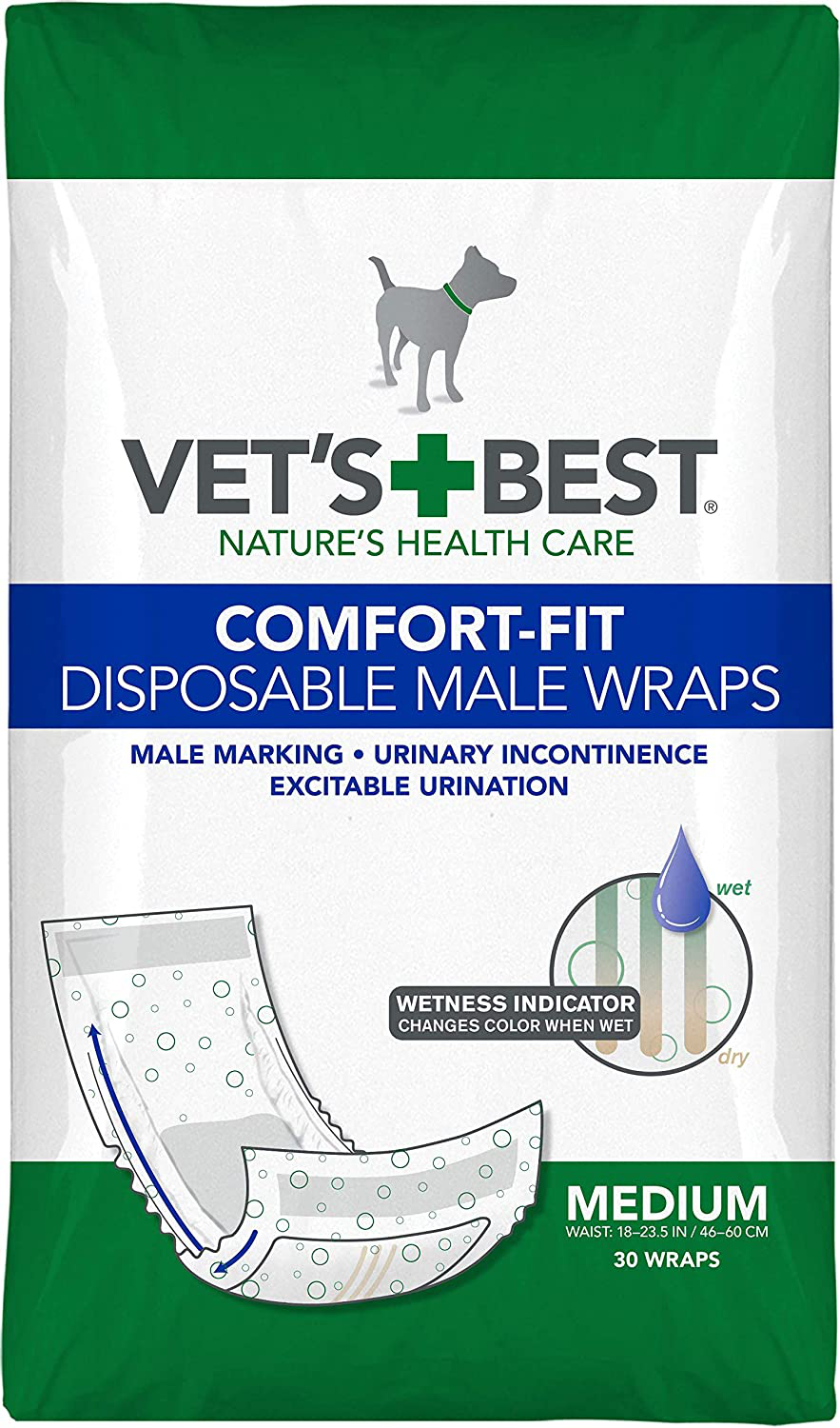 Vet’S Best Comfort Fit Disposable Male Dog Diapers | Absorbent Male Wraps with Leak Proof Fit | Medium 30 Count(Pack of 1) Animals & Pet Supplies > Pet Supplies > Dog Supplies > Dog Diaper Pads & Liners Vet's Best   