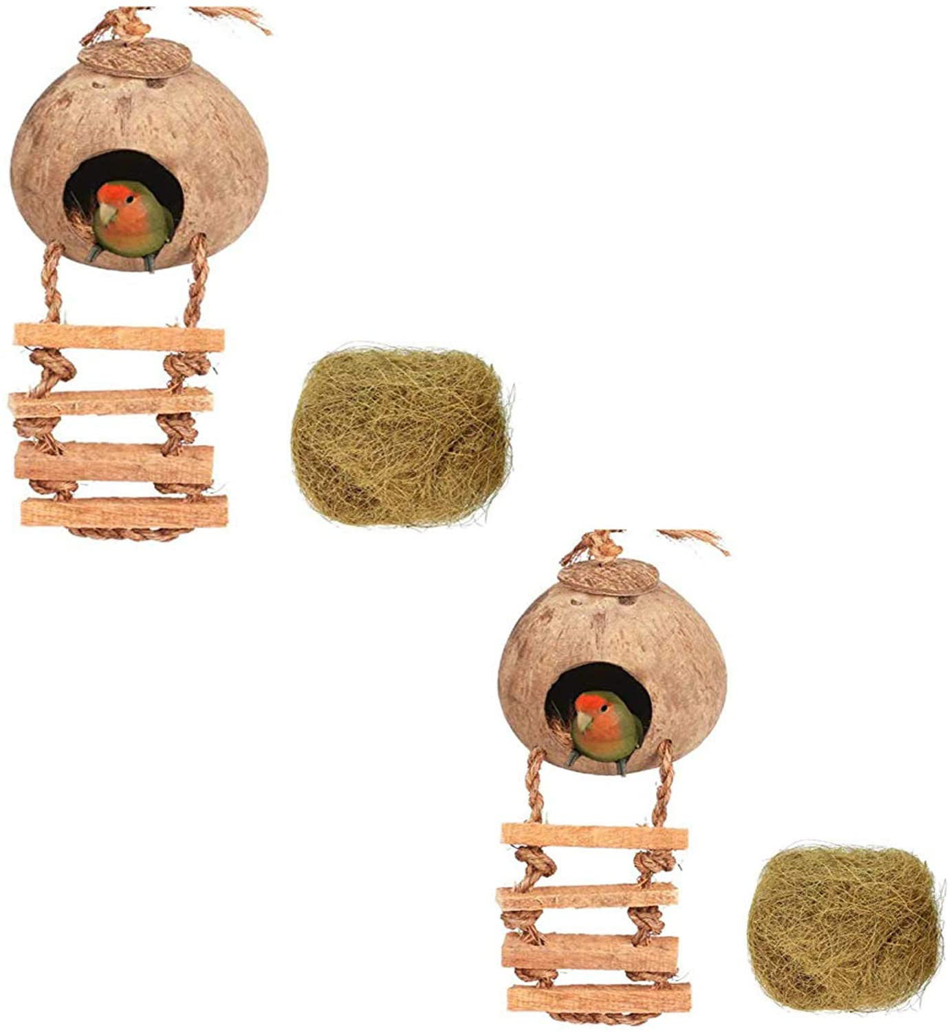 Tfwadmx Coconut Hide with Ladder, Natural Coconut Fiber Hanging Birdhouse Cage, Coconut Bird Shell Breeding Nest for Parrot Parakeet Lovebird Finch Canary (2 Pcs) Animals & Pet Supplies > Pet Supplies > Bird Supplies > Bird Cage Accessories Tfwadmx 2PCS  