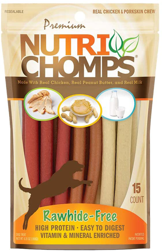 Nutrichomps Dog Chews, 5-Inch Twists, Easy to Digest, Rawhide-Free Dog Treats, 15 Count, Real Chicken, Peanut Butter and Milk Flavors