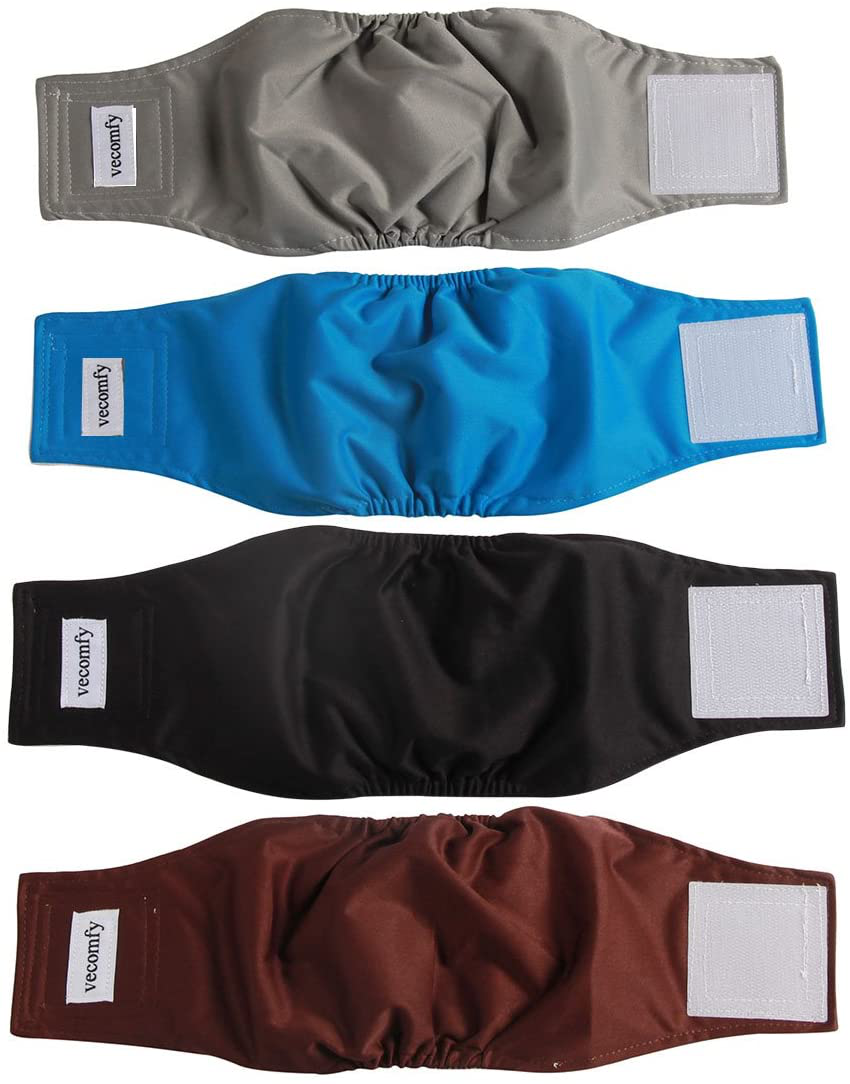 Vecomfy Washable Belly Bands for Male Dogs 4 Pack,Premium Reusable Small Dog Wrap Leakproof Puppy Diapers Animals & Pet Supplies > Pet Supplies > Dog Supplies > Dog Diaper Pads & Liners vecomfy Gray+black+blue+brown M(13"-16"waist) 