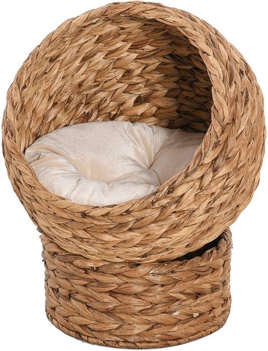 Pawhut 20" Natural Braided Banana Leaf Elevated Cat Bed Basket with Cushion Animals & Pet Supplies > Pet Supplies > Dog Supplies > Dog Houses PawHut Brown  