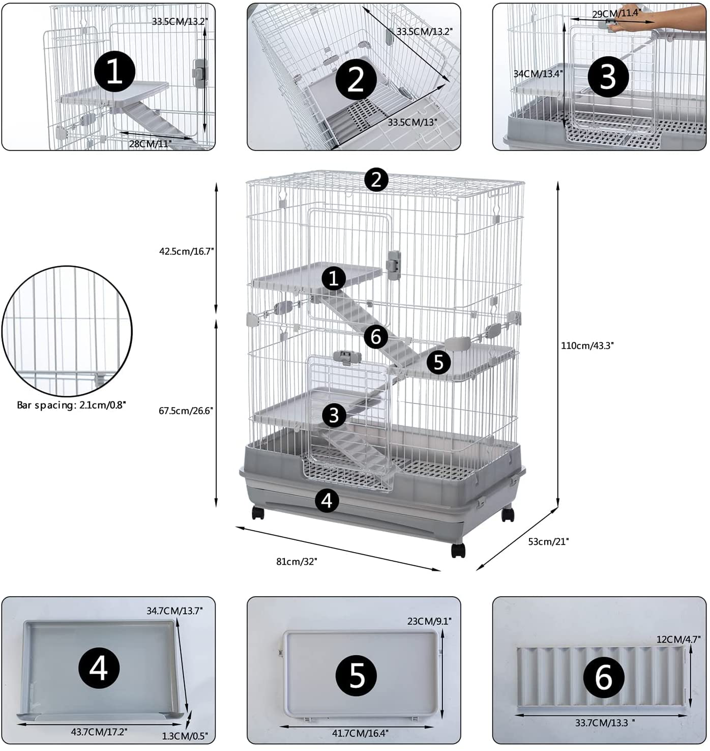 Runmade 4-Tier 32" Small Animal Metal Cage Height Adjustable Cage with Lockable Casters Grilles Pull-Out Tray for Rabbit Chinchilla Ferret Bunny Guinea Pig Squirrel Hedgehog Animals & Pet Supplies > Pet Supplies > Small Animal Supplies > Small Animal Habitats & Cages runmade   