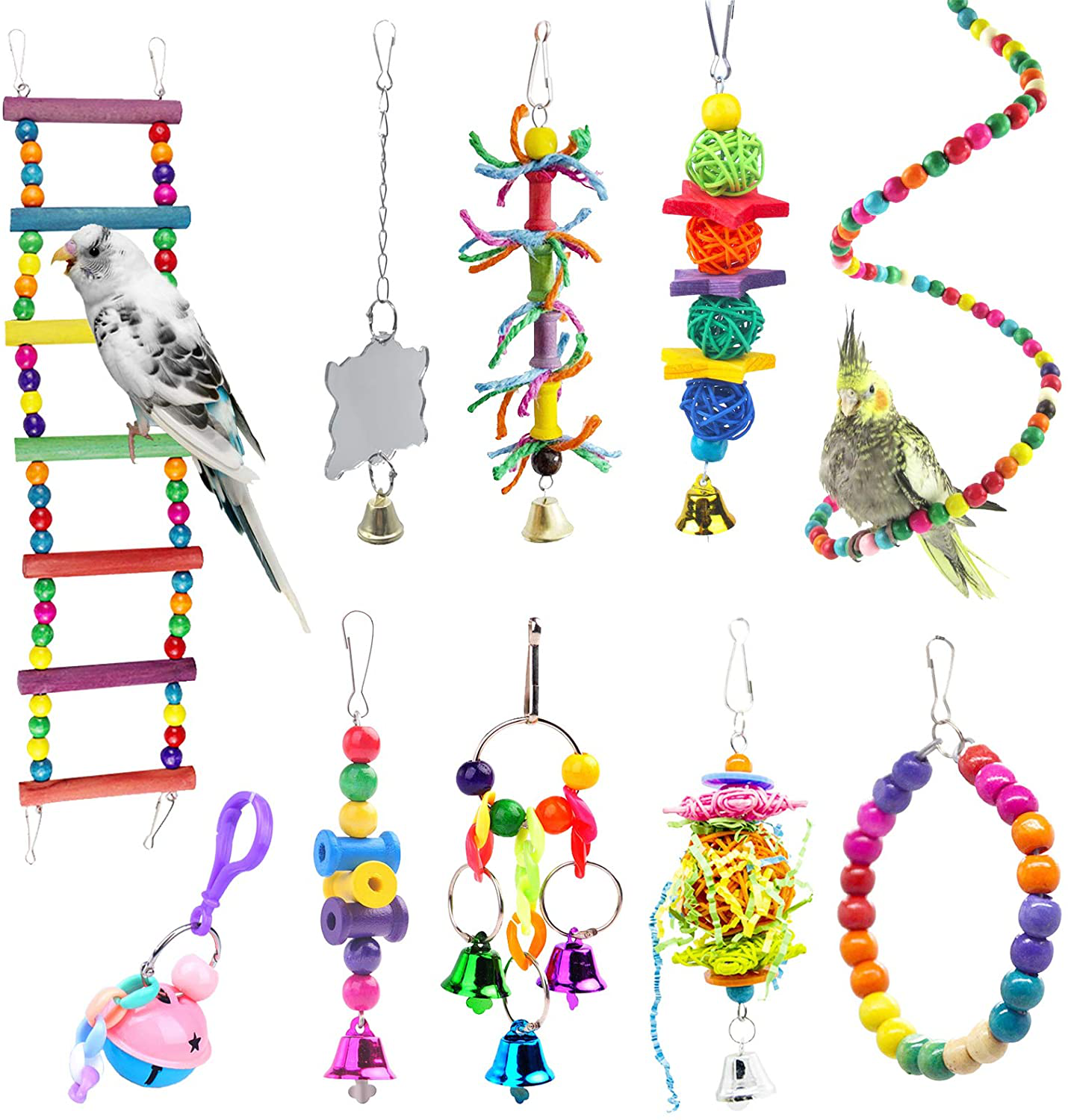 PINVNBY Bird Parrot Swing Chewing Toys Hanging Hammock Bell Pet Birds Cage Toys Wooden Perch with Wood Beads for Small Parakeets, Parrots, Conures, Love Birds, Cockatiels, Macaws, Finches