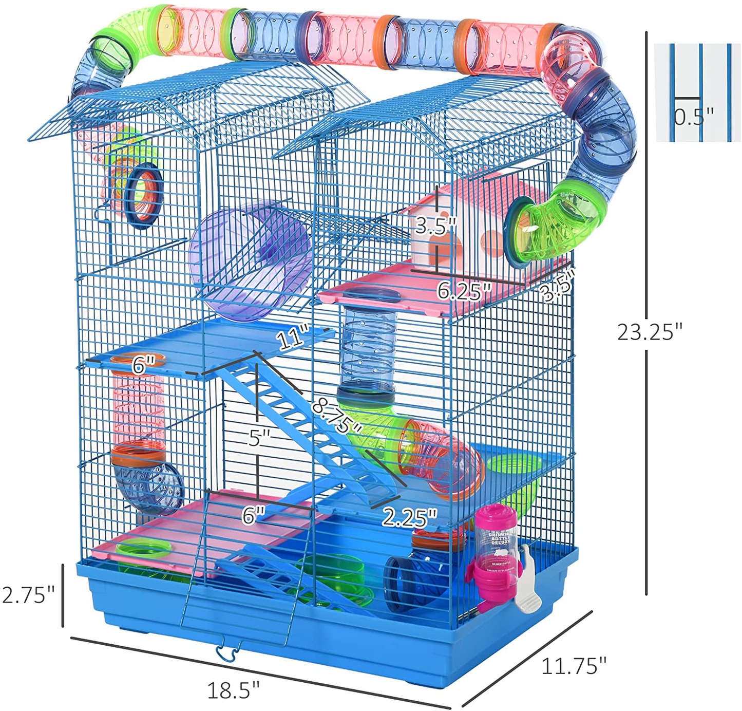 Pawhut 5 Tiers Hamster Cage Small Animal Rat House with Exercise Wheels, Tube Water Bottles, and Ladder, Blue Animals & Pet Supplies > Pet Supplies > Small Animal Supplies > Small Animal Habitat Accessories Aosom LLC   