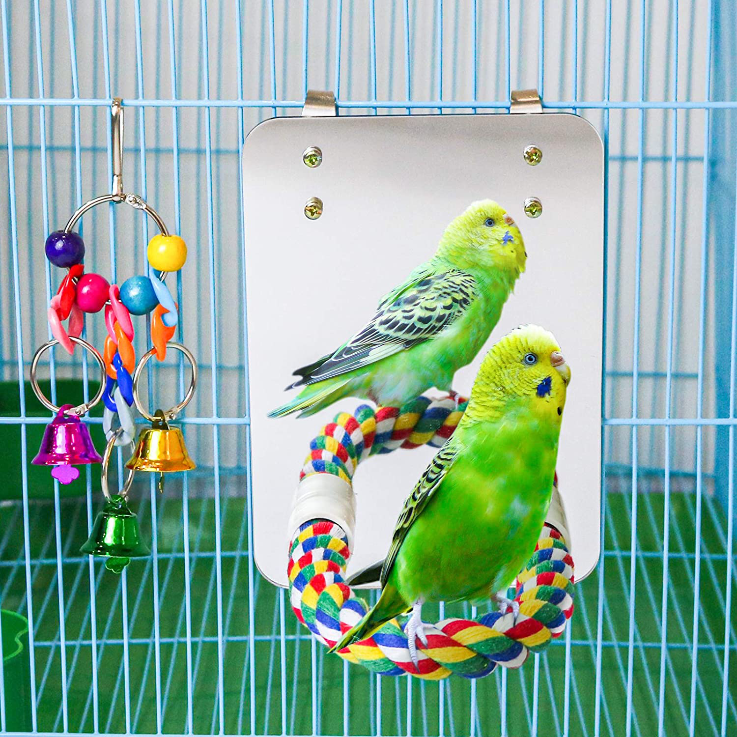 Suruikei 7 Inch Bird Mirror with Rope Perch Cockatiel Mirror Parrot Swing Toys Parrot Cage Toys for Parakeet Cockatoo Cockatiel Conure Lovebirds Finch Canaries