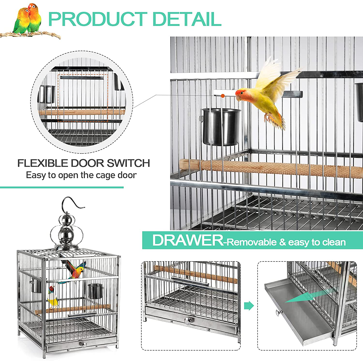 Exttlliy Stainless Steel Parakeet Bird Cage 26 Inch Hanging Conure Bird Cage with Stand for Small Parrot Canary Parakeets Finches Macaw Cockatiels Vision Flight Perches Pet Birdcage Animals & Pet Supplies > Pet Supplies > Bird Supplies > Bird Cage Accessories Exttlliy   