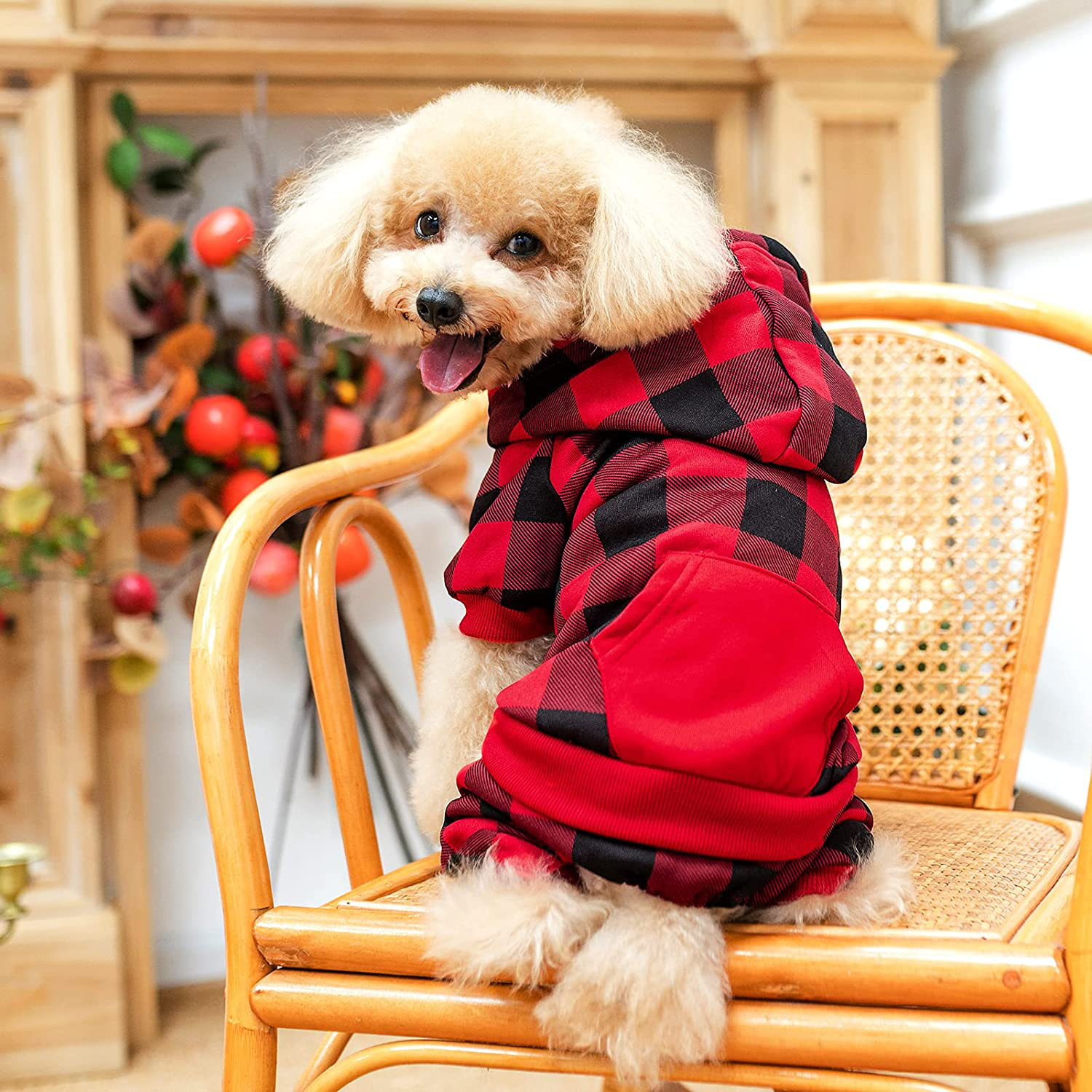 PUPTECK Christmas Plaid Dog Hoodie - Soft Warm Pet Sweaters Dog Fleece Lining Vest Clothes with Hat for Small Medium Dogs Autumn and Witner Wearing