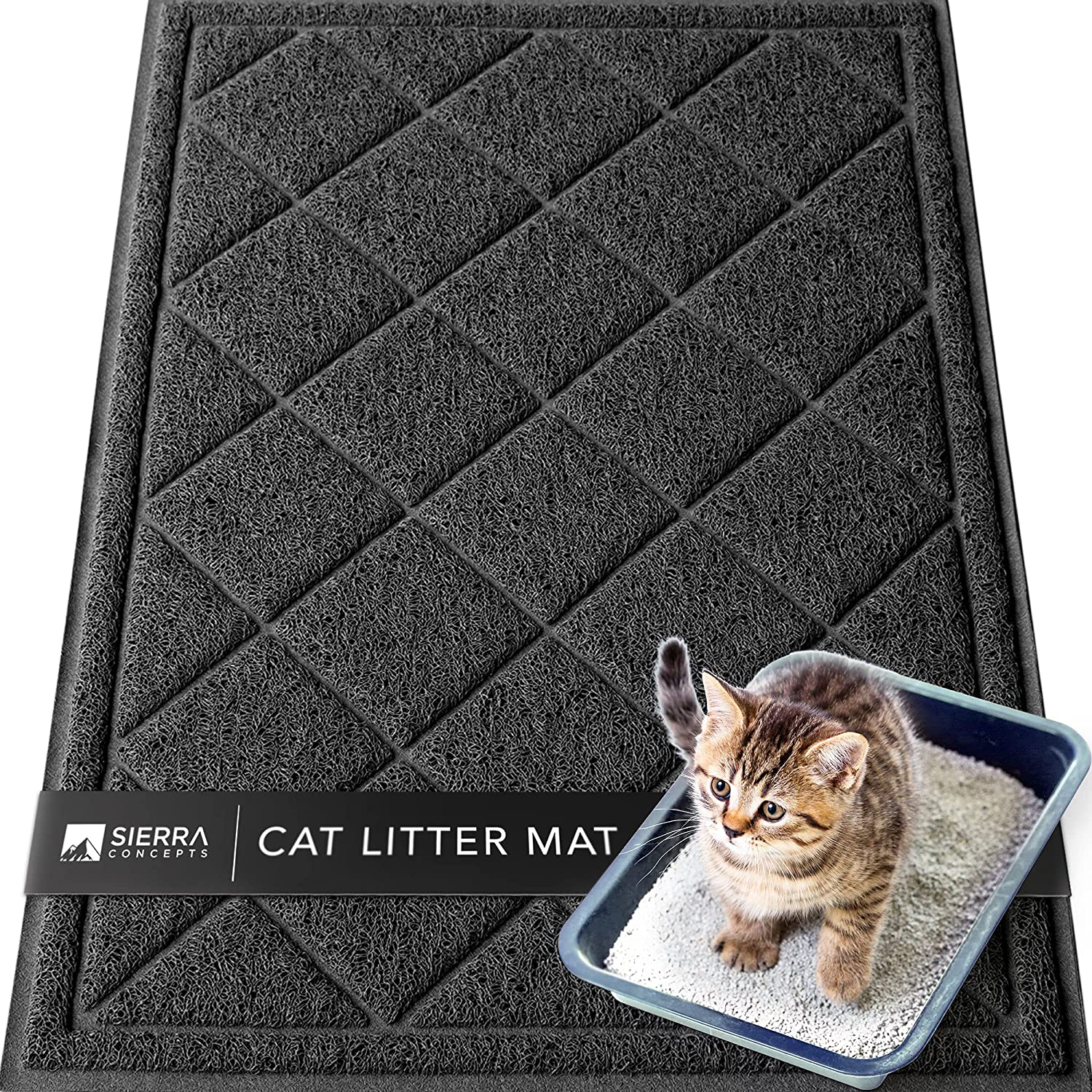 Sierra Concepts Large Cat Litter Mat 36"X24" - Litterbox Kitty Box Pet Food Bowl Trapping Dirt, Soft Paws Feeding Accessories, Waterproof, anti Slip, Floor Mats Low Profile Heavy Duty Animals & Pet Supplies > Pet Supplies > Cat Supplies > Cat Litter Box Mats Sierra Concepts Black  