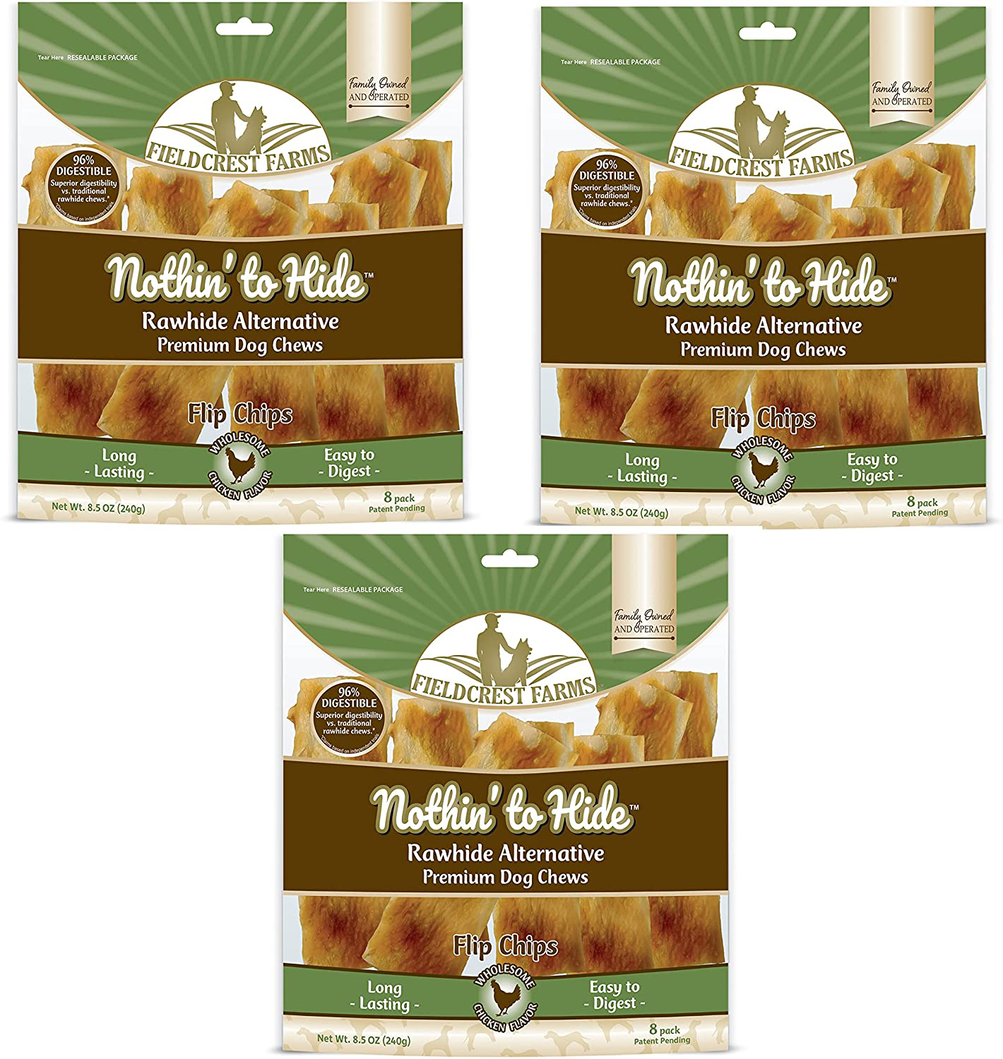 Nothin to Hide Flip Chips Dog Chews - Natural Rawhide Alternative Treats for Dogs, Chicken, Beef or Peanut Butter Flavor Snack for All Breed Dogs - 3 Pack by Fieldcrest Farms Animals & Pet Supplies > Pet Supplies > Small Animal Supplies > Small Animal Treats Fieldcrest Farms Chicken  