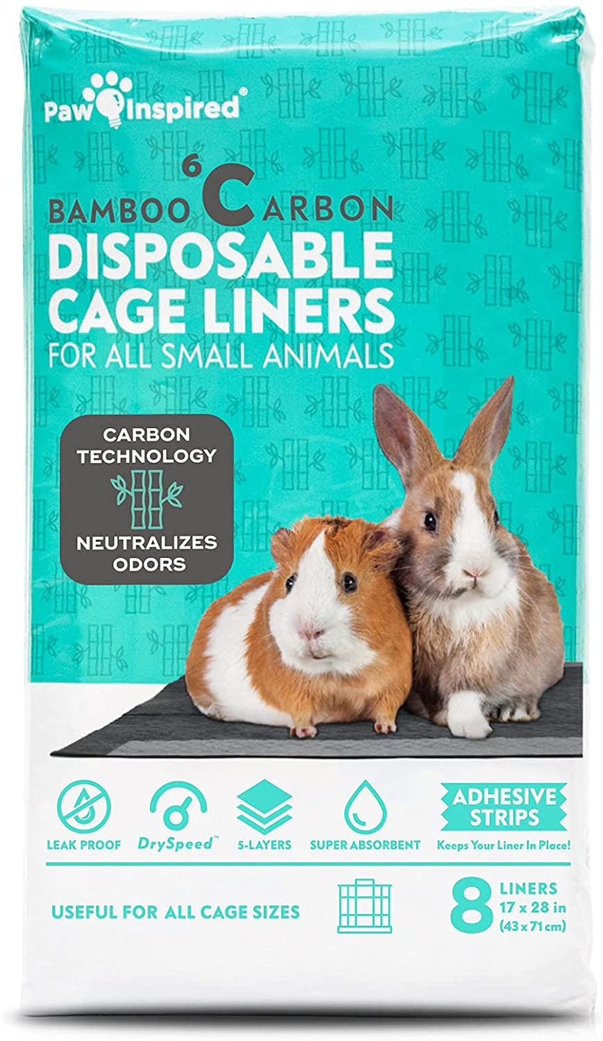 Paw Inspired Disposable Guinea Pig Cage Liners | Bamboo Charcoal Odor Controlling | Super Absorbent Liners Pee Pads for Ferrets, Rabbits, Hamsters, and Small Animals Animals & Pet Supplies > Pet Supplies > Small Animal Supplies > Small Animal Bedding Paw Inspired 28" x 17" (C&C 2 x 1) 8 Count 