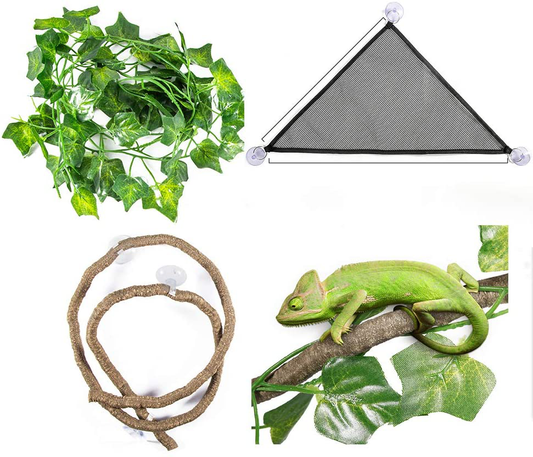 Reptile Hammock with Sticks, Climbing Vines Plants for Chameleon Lizards Gecko Snake Spides, Reptile 3 in 1 Kit Branches Decor Accessories for Reptile & Amphibian Habitat Plants