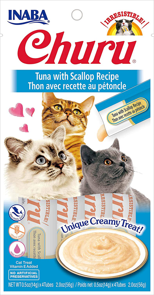 INABA Churu Lickable Purée Natural Cat Treats (Tuna with Scallop Recipe, 4 Tubes)