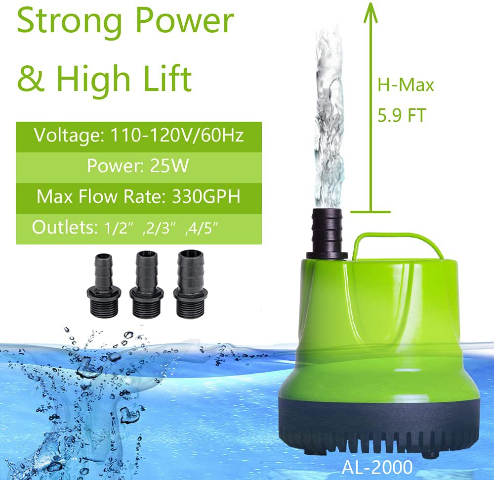 ALLYLANG 330-1100GPH Submersible Water Pump, Ultra Quiet for Aquarium, Fish Tank, Pond Fountain, Statuary, Hydroponics, with 3 Nozzles 5.9Ft Power Cord (330GPH)