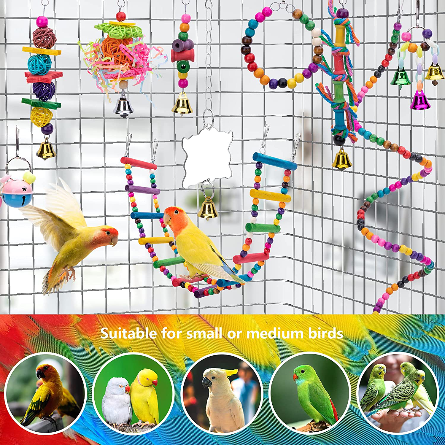 Ebaokuup 10 Packs Bird Swing Chewing Toys- Parrot Hammock Bell Toys Parrot Cage Toy Bird Perch with Wood Beads Hanging for Small Parakeets, Cockatiels, Conures, Finches,Budgie,Parrots, Love Birds Animals & Pet Supplies > Pet Supplies > Bird Supplies > Bird Toys EBaokuup   