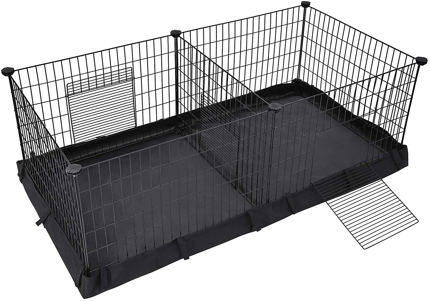 SONGMICS Guinea Pig Playpen, Small Animal Cage, Exercise Pen and Enclosure with Divider Panel for 2 Separate Spaces, Floor Mat and 3 Doors, 48.4 X 24.8 X 18.1 Inches, Black ULPI07H