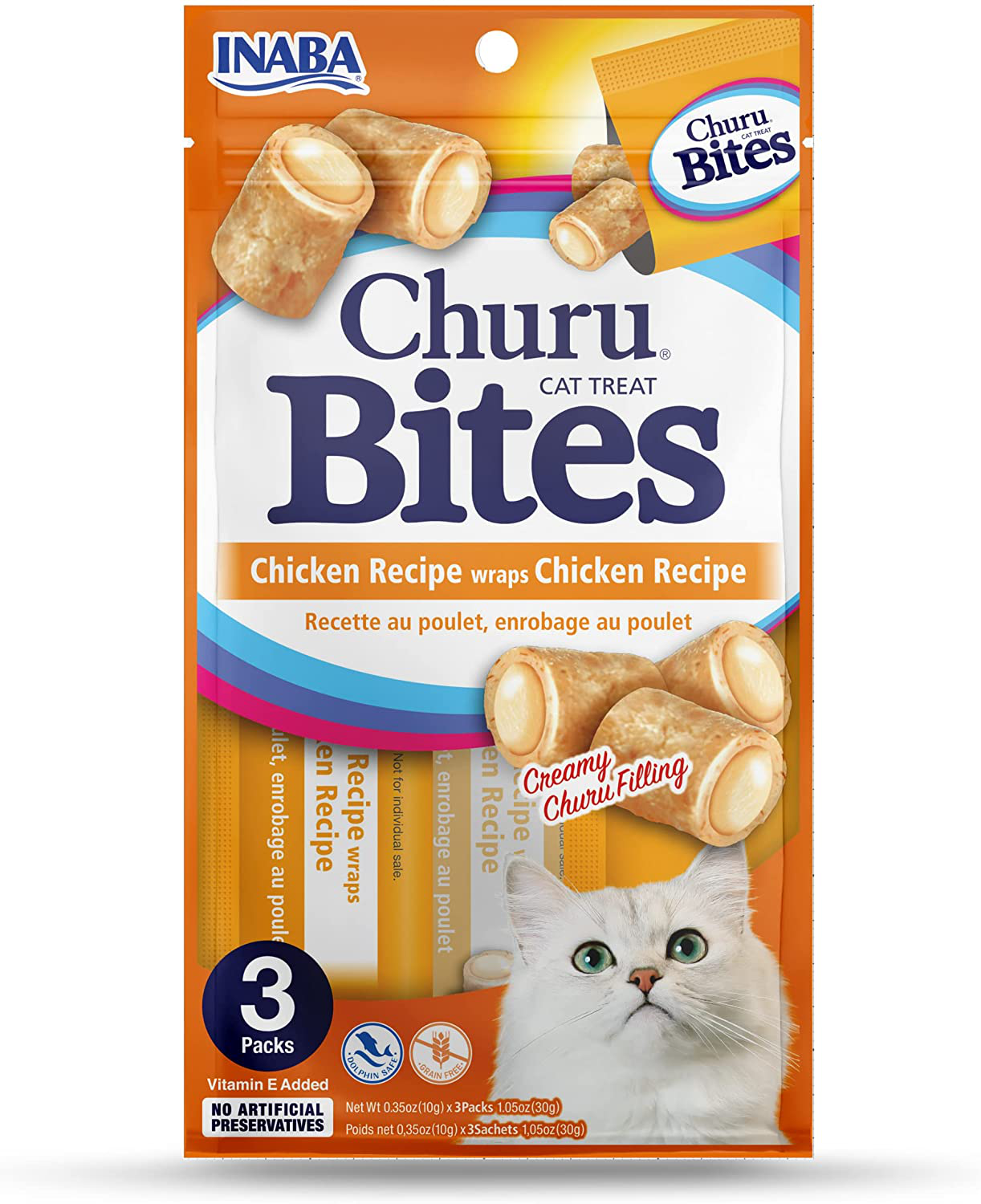 INABA Churu Bites for Cats, Grain-Free, Soft/Chewy Baked Chicken Wrapped Churu Filled Cat Treats with Vitamin E, 0.35 Ounces Each Tube| 24 Tubes Total (3 per Pack) Animals & Pet Supplies > Pet Supplies > Cat Supplies > Cat Treats INABA   